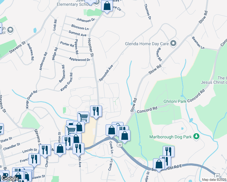 map of restaurants, bars, coffee shops, grocery stores, and more near 44 Briarwood Lane in Marlborough