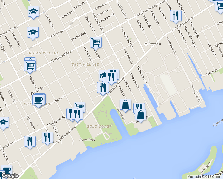 map of restaurants, bars, coffee shops, grocery stores, and more near in Detroit