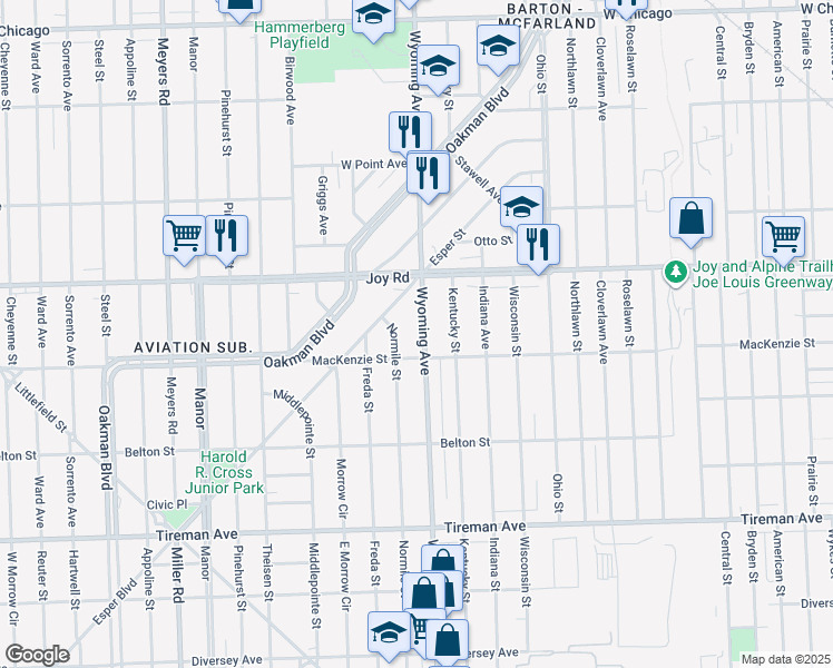 map of restaurants, bars, coffee shops, grocery stores, and more near 8543 Wyoming Avenue in Detroit
