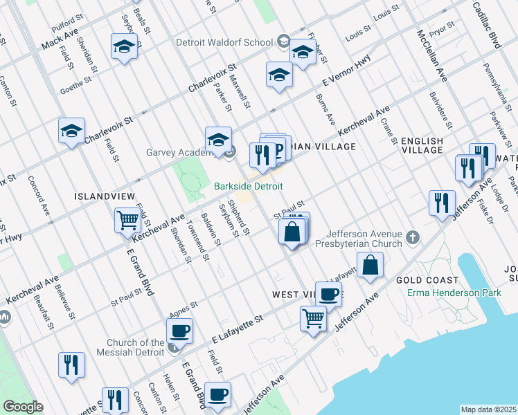 map of restaurants, bars, coffee shops, grocery stores, and more near 1775 Van Dyke in Detroit