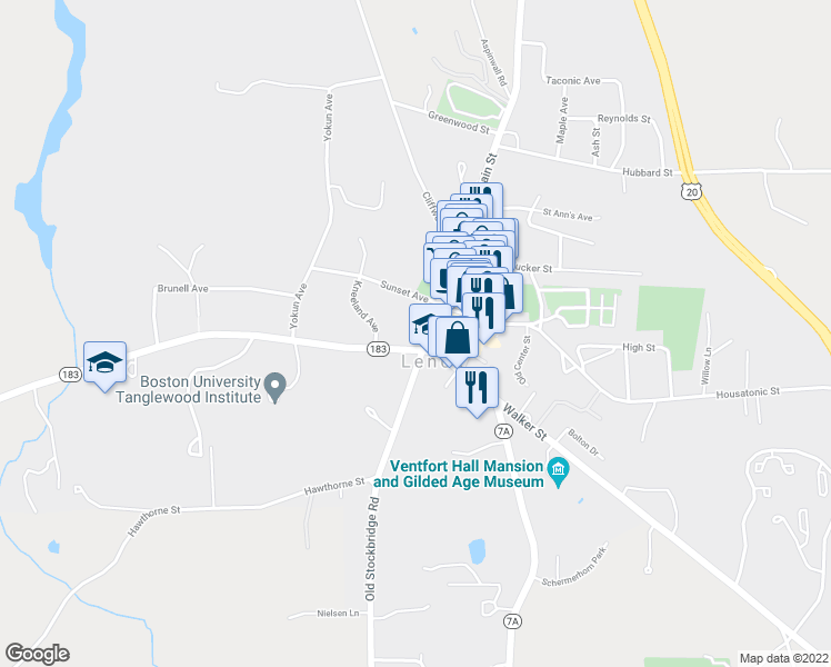 map of restaurants, bars, coffee shops, grocery stores, and more near 7 Main Street in Lenox