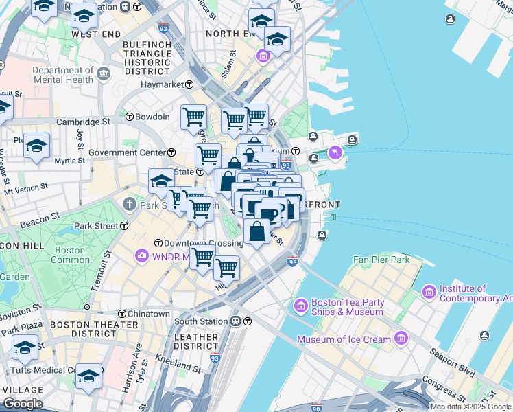 map of restaurants, bars, coffee shops, grocery stores, and more near 67 Batterymarch Street in Boston