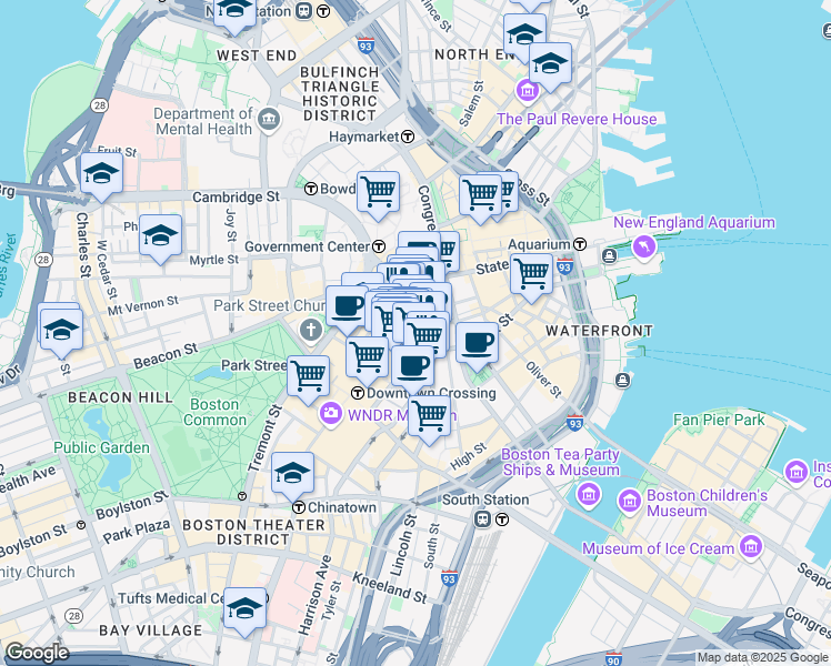 map of restaurants, bars, coffee shops, grocery stores, and more near 159 Devonshire Street in Boston