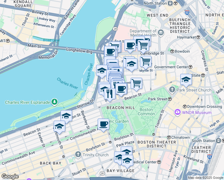 map of restaurants, bars, coffee shops, grocery stores, and more near 34 Charles Street in Boston