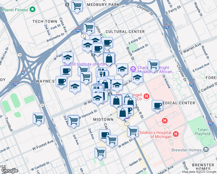 map of restaurants, bars, coffee shops, grocery stores, and more near 5035 Woodward Avenue in Detroit