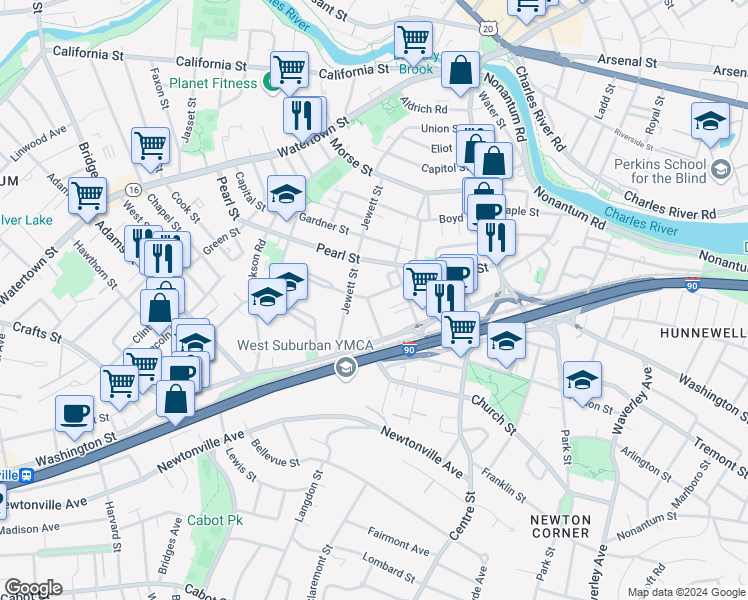 map of restaurants, bars, coffee shops, grocery stores, and more near 4 Hovey Street in Newton