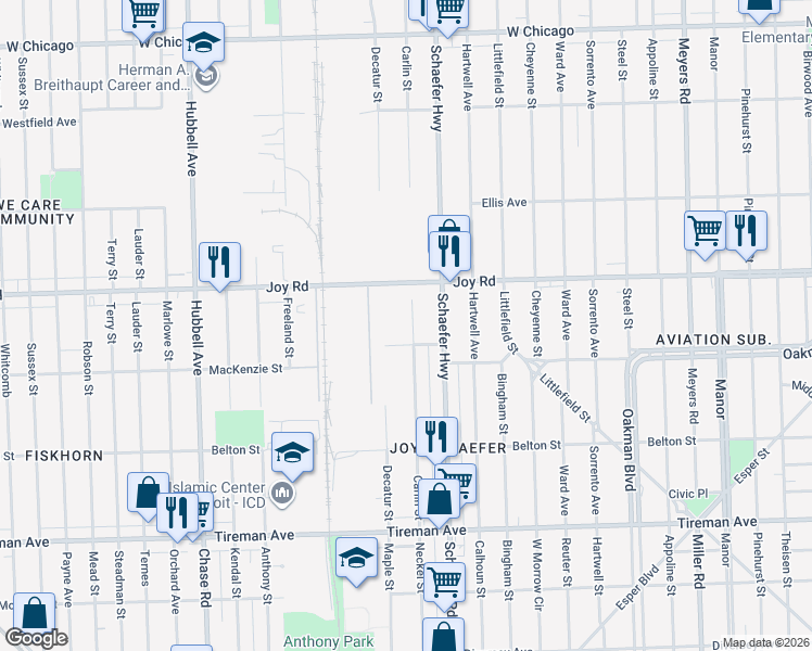 map of restaurants, bars, coffee shops, grocery stores, and more near 8637 Carlin Street in Detroit