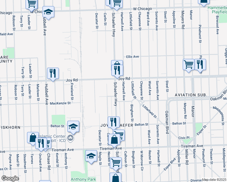 map of restaurants, bars, coffee shops, grocery stores, and more near 8647 Schaefer Highway in Detroit
