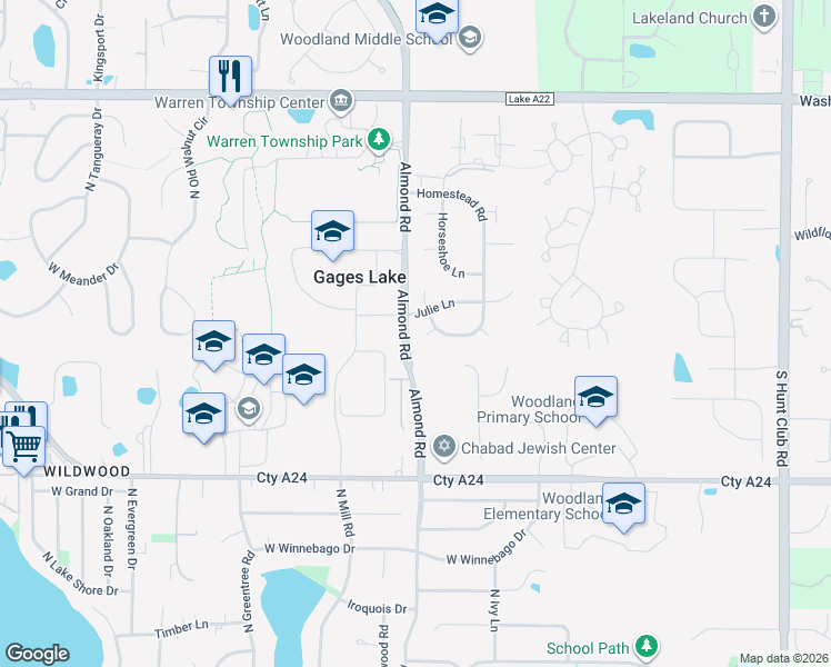 map of restaurants, bars, coffee shops, grocery stores, and more near 17724 Noreen Court in Gurnee