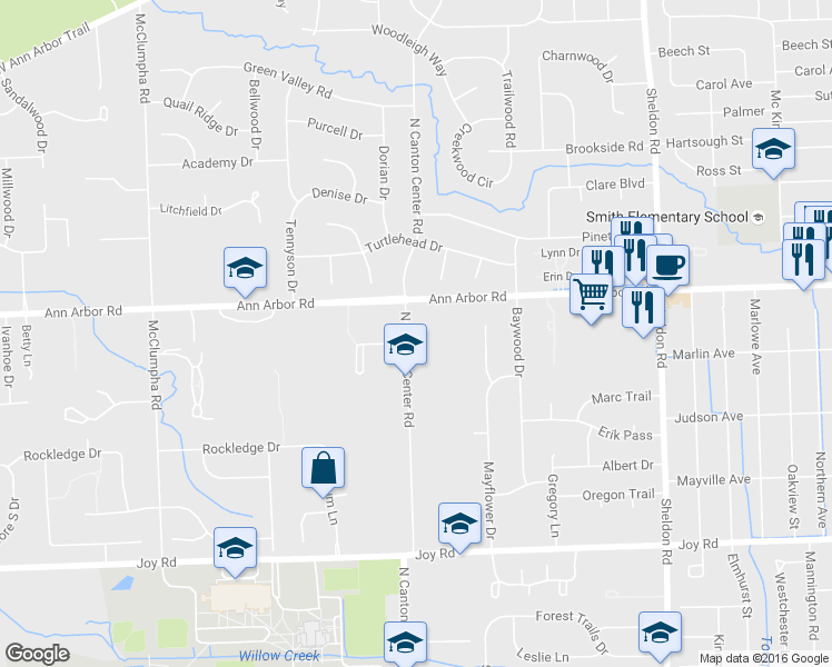 map of restaurants, bars, coffee shops, grocery stores, and more near 45357 Stonehedge Drive in Plymouth
