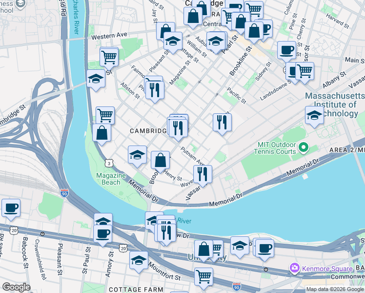 map of restaurants, bars, coffee shops, grocery stores, and more near 14 Putnam Court in Cambridge