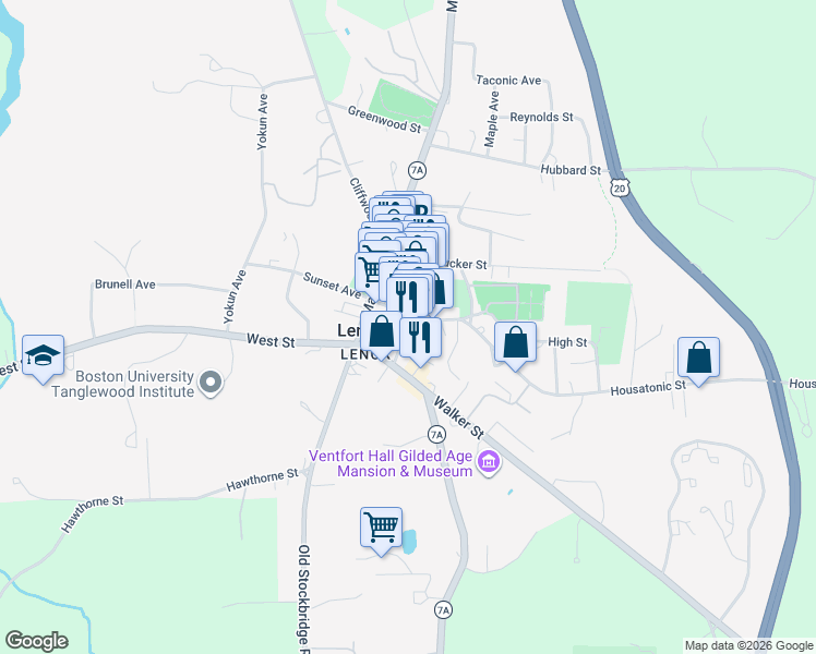 map of restaurants, bars, coffee shops, grocery stores, and more near 29 Church Street in Lenox