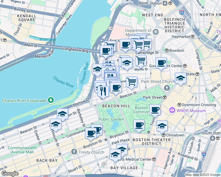 map of restaurants, bars, coffee shops, grocery stores, and more near 44A Charles Street in Boston