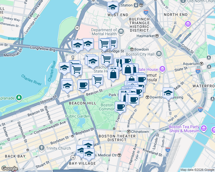 map of restaurants, bars, coffee shops, grocery stores, and more near in Boston