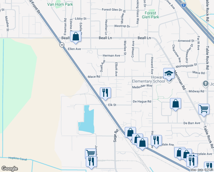 map of restaurants, bars, coffee shops, grocery stores, and more near 3380 North Pacific Highway in Medford