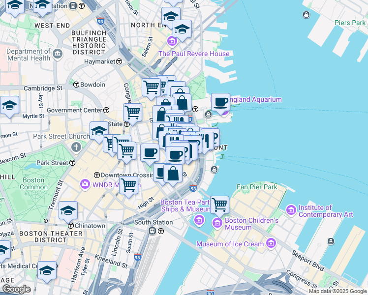 map of restaurants, bars, coffee shops, grocery stores, and more near 125 Broad Street in Boston