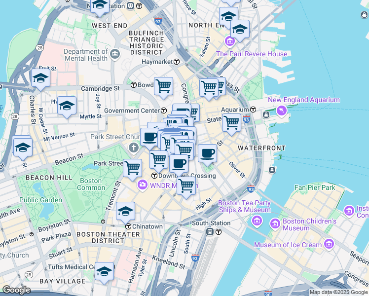 map of restaurants, bars, coffee shops, grocery stores, and more near 8 Milk Street in Boston