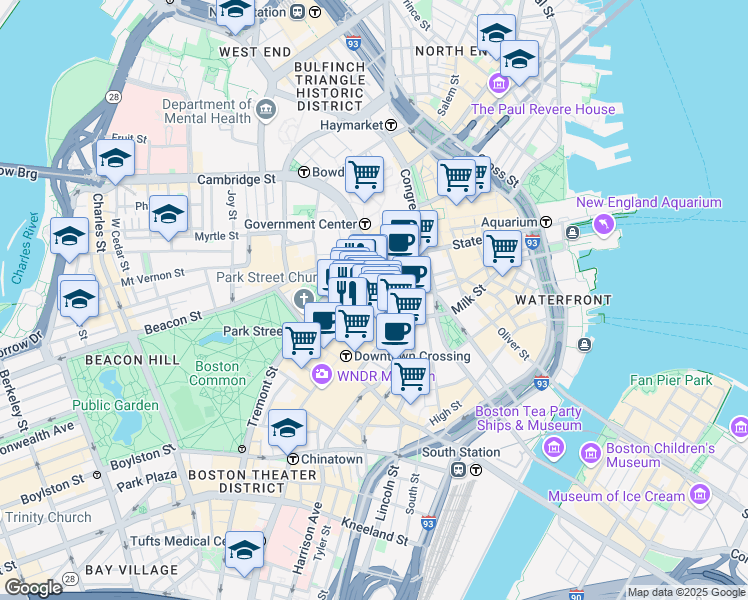 map of restaurants, bars, coffee shops, grocery stores, and more near in Boston