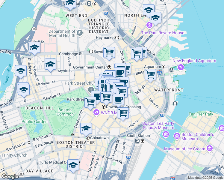 map of restaurants, bars, coffee shops, grocery stores, and more near 327 Washington Street in Boston