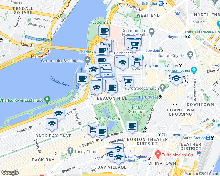 map of restaurants, bars, coffee shops, grocery stores, and more near 34 Charles Street in Boston