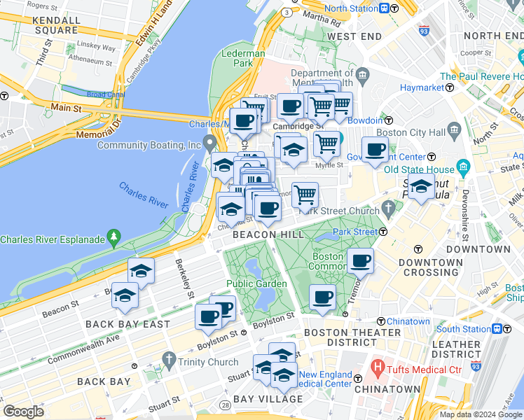 map of restaurants, bars, coffee shops, grocery stores, and more near 34 Charles Street in Boston