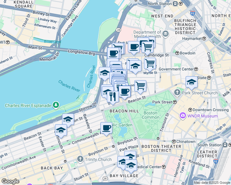 map of restaurants, bars, coffee shops, grocery stores, and more near 34 Charles Street in Boston