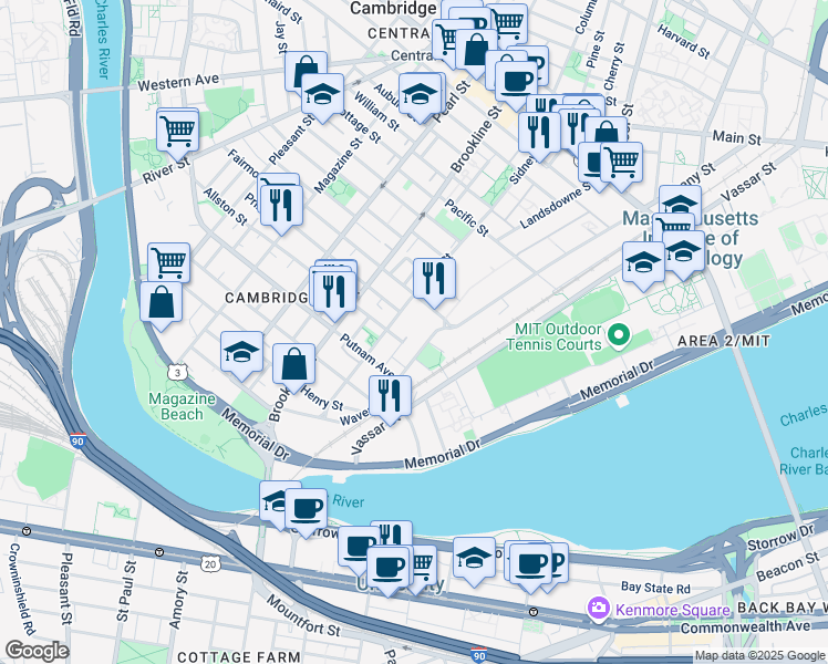 map of restaurants, bars, coffee shops, grocery stores, and more near 143 Waverly Street in Cambridge