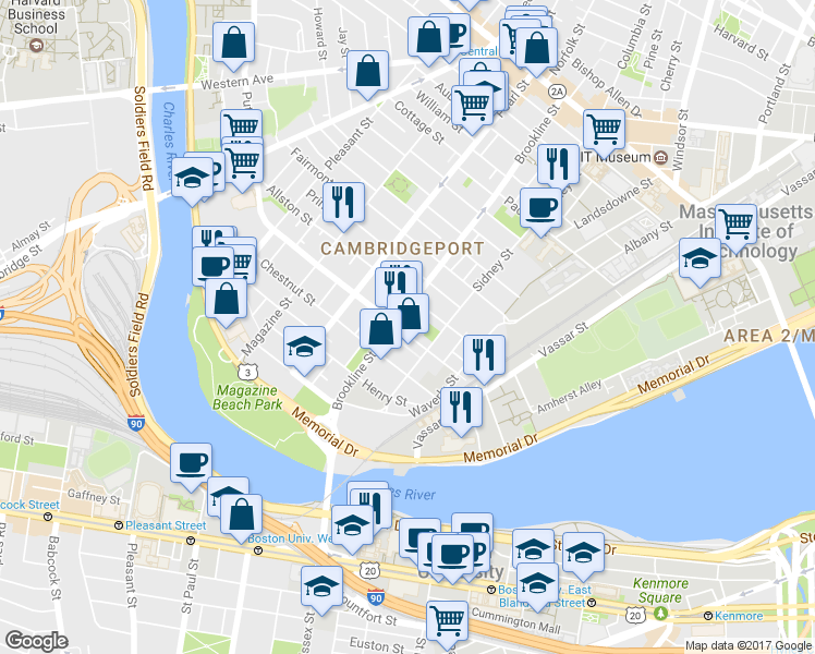 map of restaurants, bars, coffee shops, grocery stores, and more near 14 Putnam Court in Cambridge