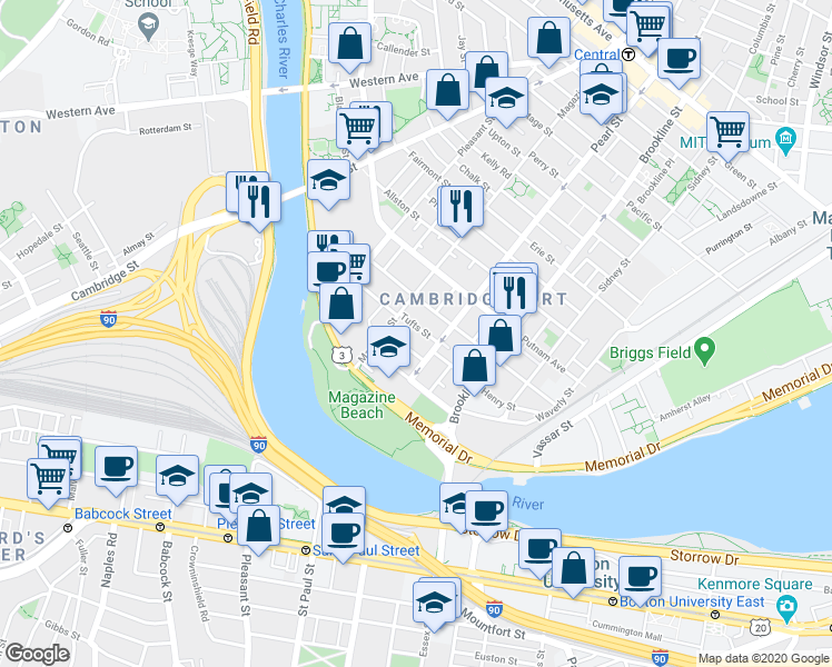 map of restaurants, bars, coffee shops, grocery stores, and more near 17 Glenwood Avenue in Cambridge