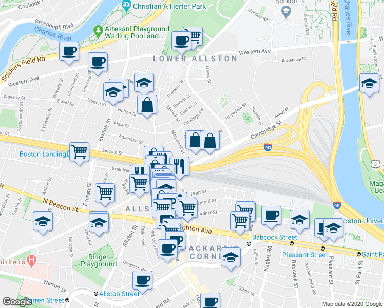 map of restaurants, bars, coffee shops, grocery stores, and more near 7 Mansfield Street in Boston