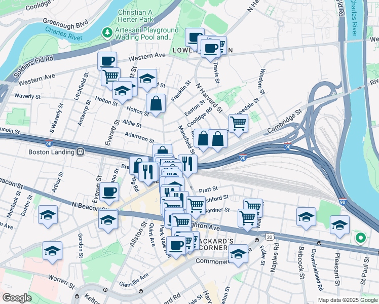 map of restaurants, bars, coffee shops, grocery stores, and more near 350 Lincoln Street in Boston