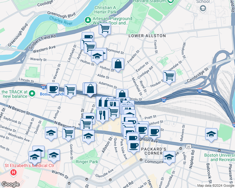map of restaurants, bars, coffee shops, grocery stores, and more near 2 Eric Road in Boston