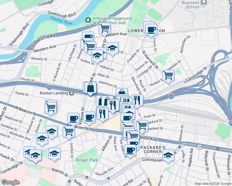 map of restaurants, bars, coffee shops, grocery stores, and more near 2 Eric Road in Boston