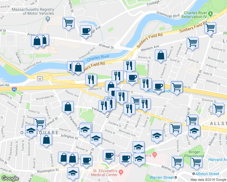 map of restaurants, bars, coffee shops, grocery stores, and more near 217-221 North Beacon Street in Boston