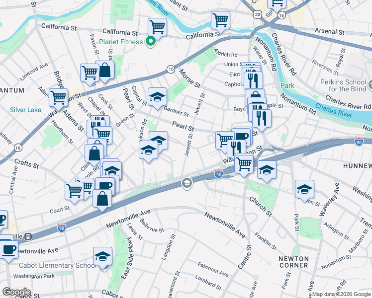 map of restaurants, bars, coffee shops, grocery stores, and more near 119 Jewett Street in Newton