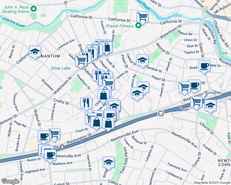 map of restaurants, bars, coffee shops, grocery stores, and more near 34-36 Middle Street in Newton
