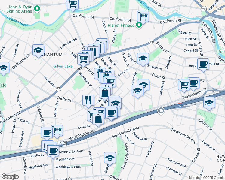 map of restaurants, bars, coffee shops, grocery stores, and more near 8 Clinton Street in Newton