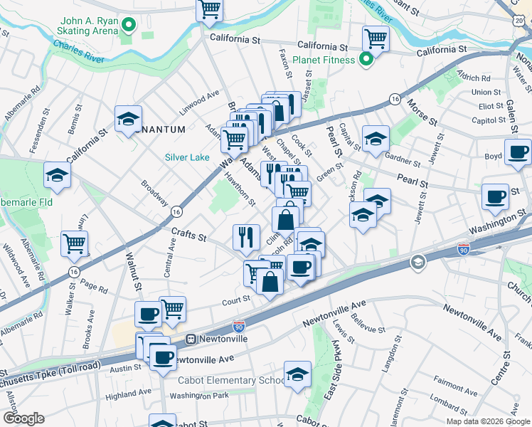 map of restaurants, bars, coffee shops, grocery stores, and more near 92 Hawthorn Street in Newton