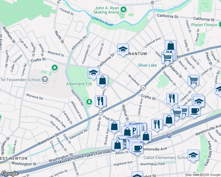 map of restaurants, bars, coffee shops, grocery stores, and more near 334 Linwood Avenue in Newton