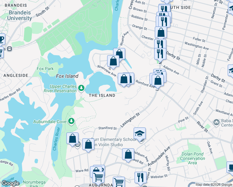 map of restaurants, bars, coffee shops, grocery stores, and more near Wabasso Road in Waltham
