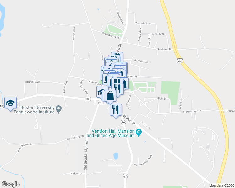 map of restaurants, bars, coffee shops, grocery stores, and more near 46 Housatonic Street in Lenox