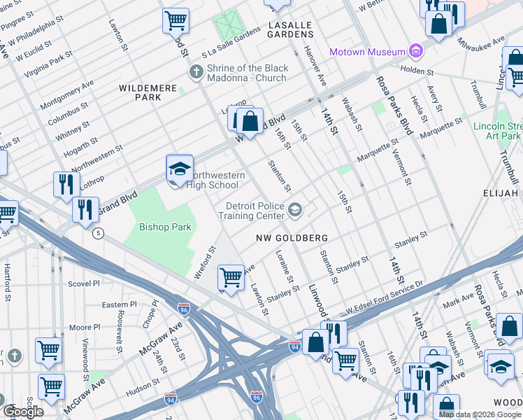 map of restaurants, bars, coffee shops, grocery stores, and more near 2666 Marquette Street in Detroit