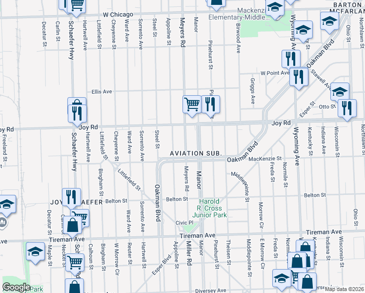map of restaurants, bars, coffee shops, grocery stores, and more near 8532 Meyers Road in Detroit