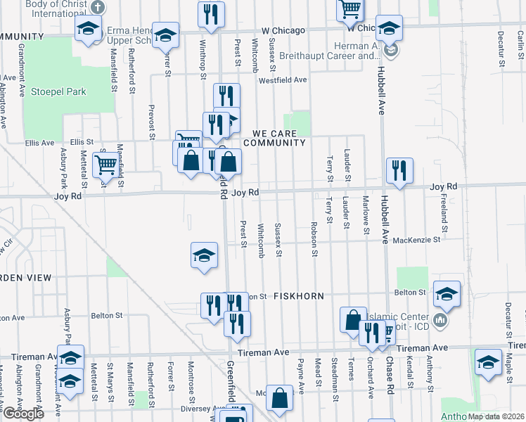 map of restaurants, bars, coffee shops, grocery stores, and more near 8582 Whitcomb in Detroit