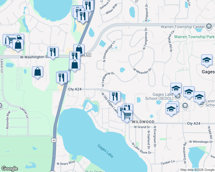 map of restaurants, bars, coffee shops, grocery stores, and more near 18615 Sterling Court in Grayslake