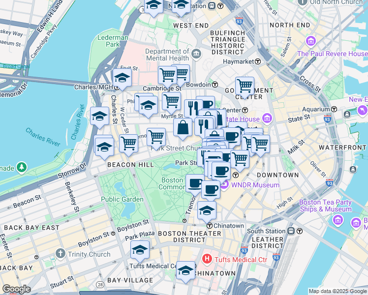 map of restaurants, bars, coffee shops, grocery stores, and more near 25 Beacon Street in Boston