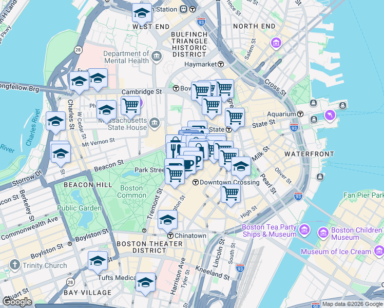 map of restaurants, bars, coffee shops, grocery stores, and more near 90 Tremont Street in Boston