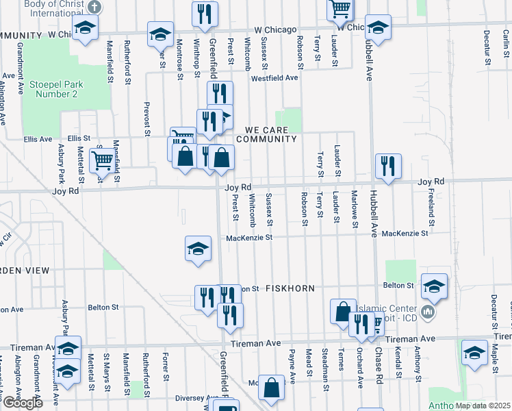 map of restaurants, bars, coffee shops, grocery stores, and more near 8582 Whitcomb in Detroit