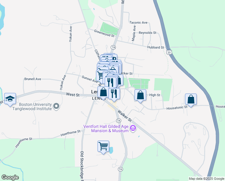 map of restaurants, bars, coffee shops, grocery stores, and more near 34 Church Street in Lenox