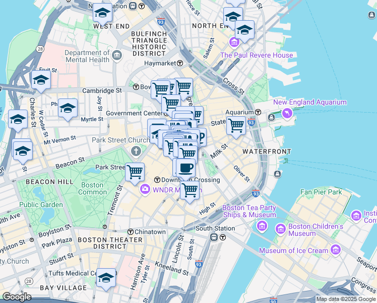 map of restaurants, bars, coffee shops, grocery stores, and more near 159 Devonshire Street in Boston